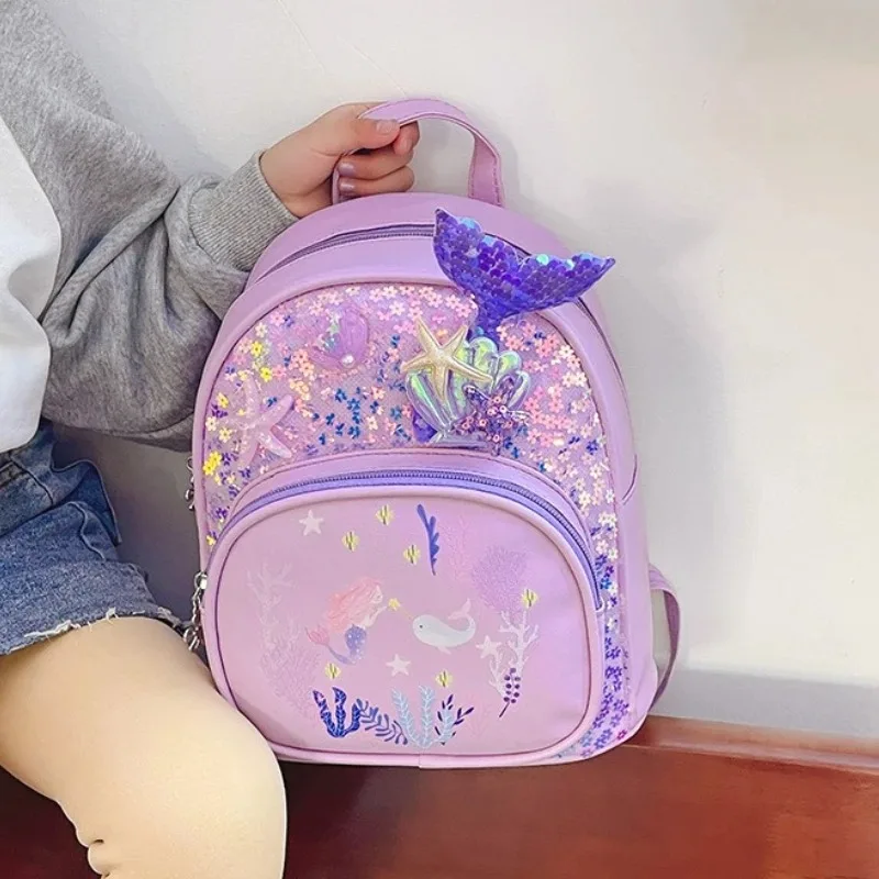 Lovely Mermaid Star Children's Sequins Backpack Cute Cartoon Kindergarten Schoolbag PU Leather Baby Girls Lightweight Handbags