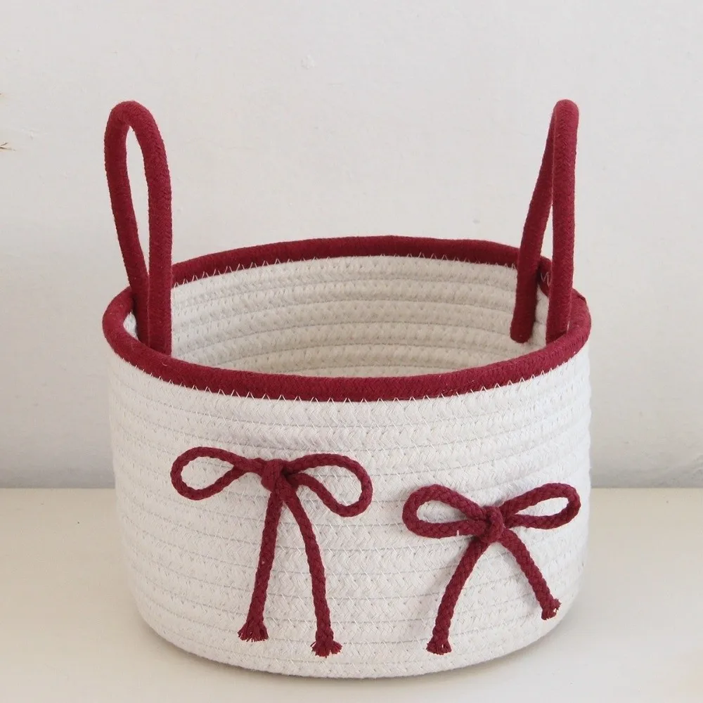 

New with Lid Crochet Storage Basket Woven Cotton Solid Home Organizer Bin Bowknot Dustproof Box