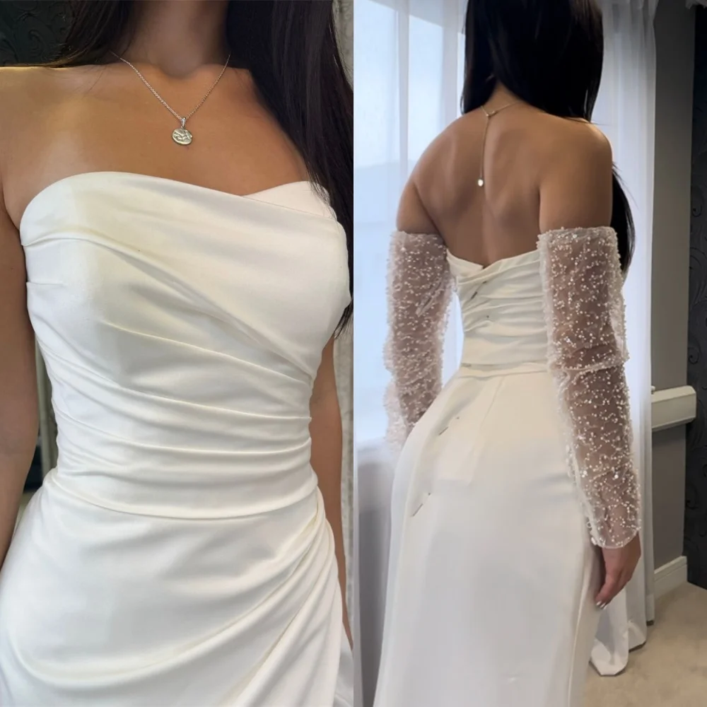Vestidos de novia de Jersey blanco personalizados, vestidos de novia de sirena de manga larga desmontables sin tirantes simples, vestido de tren de barrido
