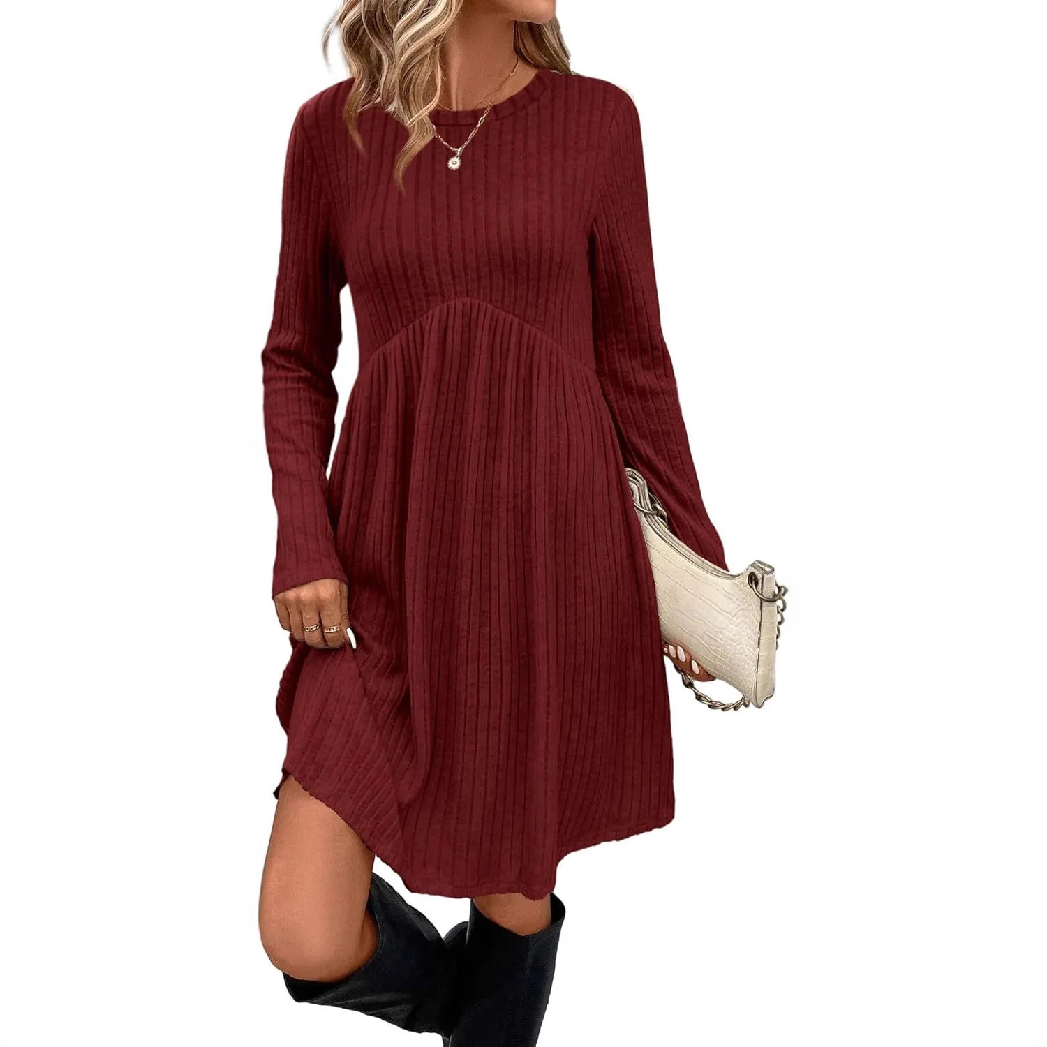 

Осень-зима 2022, новые модные женские однотонные повседневные модные повседневные платья с круглым вырезом и длинными рукавами до колена, женская одежда