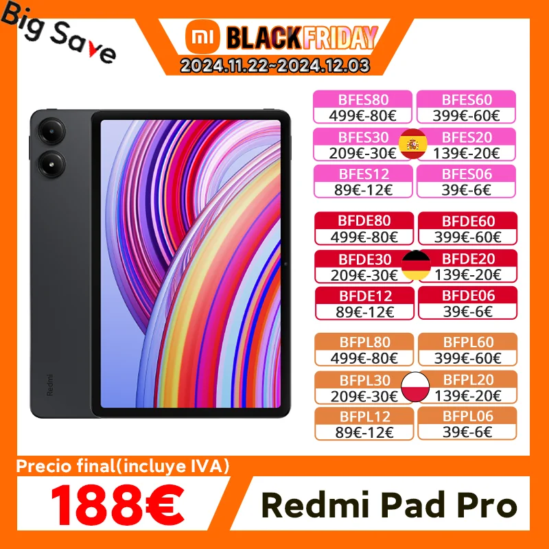 Global Version Redmi Pad Pro Tablet Snapdragon® 7s Gen 2 Mobile Platform Xiaomi HyperOS 10000mAh Large Battery 33W Fast Charger