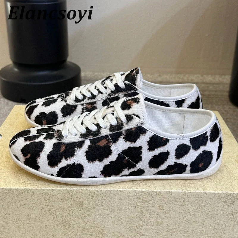 Flat Shoes Women Horsehair Leopard Pattern Round Toe Lace Up Casual Shoes Spring Autumn Light Tennis Shoes Versatile Sneakers