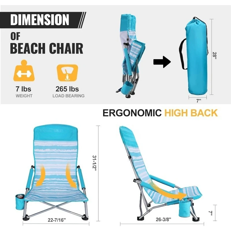كراسي شاطئ منخفضة للبالغين، عبوة من قطعتين، كراسي شاطئ قابلة للطي عالية الظهر، خفيفة الوزن ومحمولة للاستخدام في الهواء الطلق، الشاطئ، والتخييم،