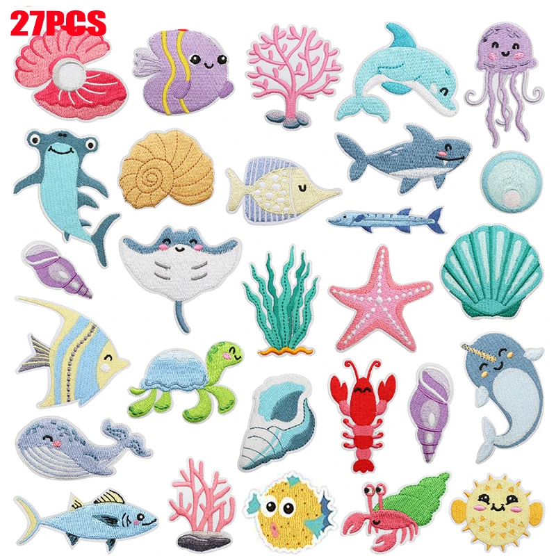 10/27PCS Marine Creature Iron On Embroidered Patches For Clothing Jackets DIY Shark Dolphin Patch Jellyfish Conch Octopus Patch