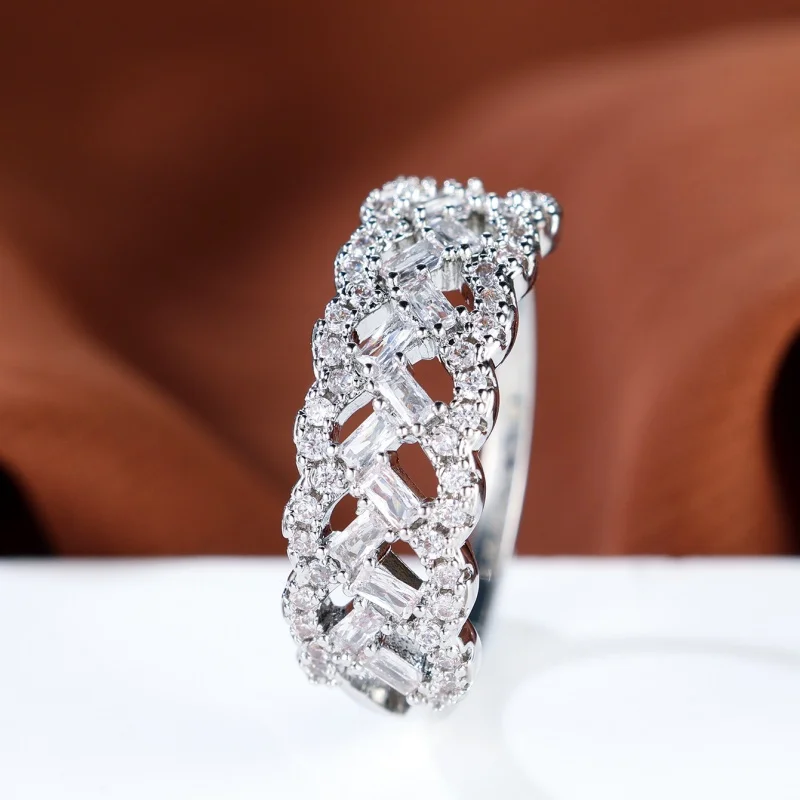 Double Row Staggered Ladder Square Diamond Woven Ring, Light Luxury, Versatile, Fashionable, Full Diamond Zircon Accessory