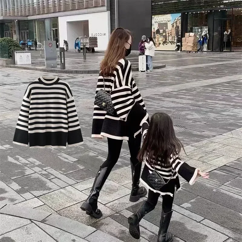 Mother Daughter Sweater Winter Women\'s Clothes 2024 Parent-Child Matching Knit Tops Mom And Baby Girls Knitted Jumper Pullover