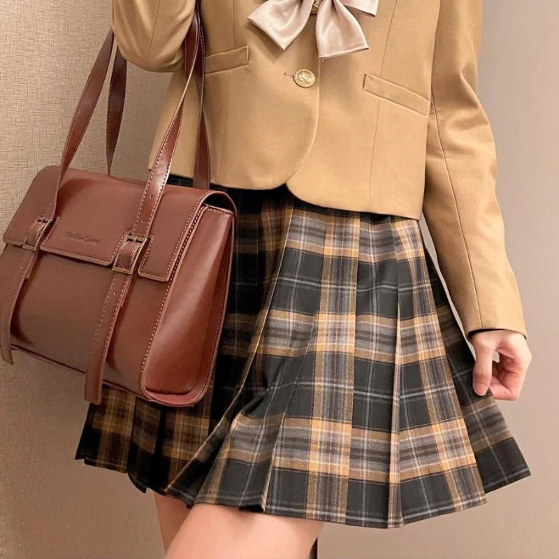 Japanese Jk Uniform Summer Blue and Yellow Color Matching A Line Waist Slim Fashion Versatile Mini Plaid Pleated Skirt For Girls