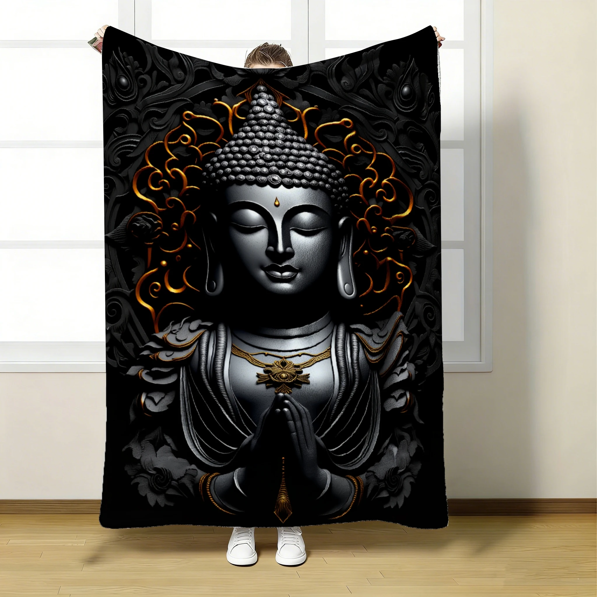 1 Stück Buddha Black Gold Volatile Überwurfdecke, weiche, leichte Ganzjahresdecke für Couch, Bett, Büro und Reisen, ideal, 280 g/m²