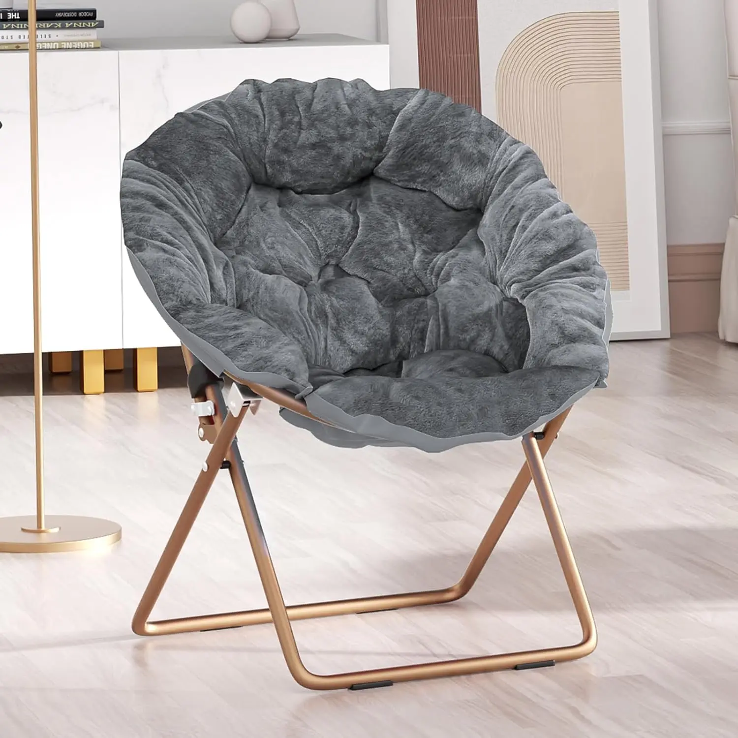 Foldable Oversized Moon Chair, Large Soft Lazy Cozy Comfortable Faux Fur Round Saucer Moon Chair for Teens and Adults, Grey