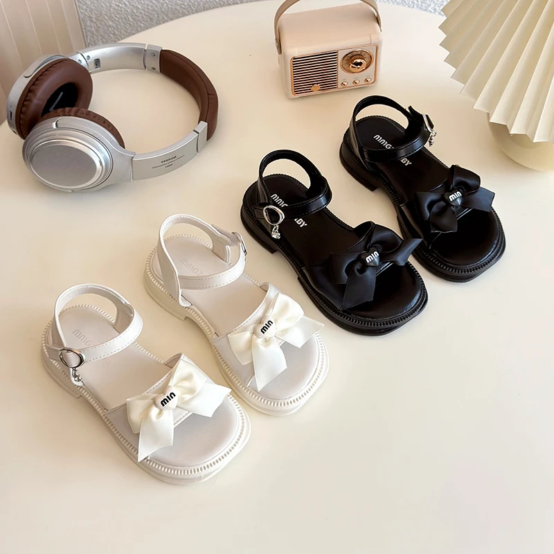 Girl's Summer Sandals Big Bowtie Pu Leather 26-35 Sweet Children Sliders Lovely Stylish Two Colors Flexiable Cute Kids Flats