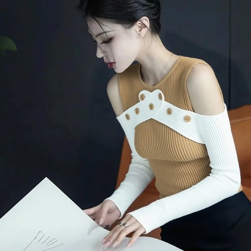 Women Clothing Autumn Fashion Simplicity Trend Hollow Out Knitting O-neck Female Color Blocking Appear Thin Slim Pullovers Sweat
