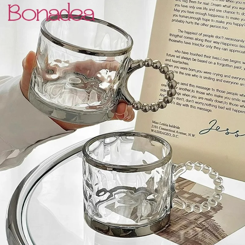 Personalized Silver Beaded Mug Large Ears Silver Mugs Iced American Latte Coffee Glasses Cups High-end Glass Water Cup Home Tool