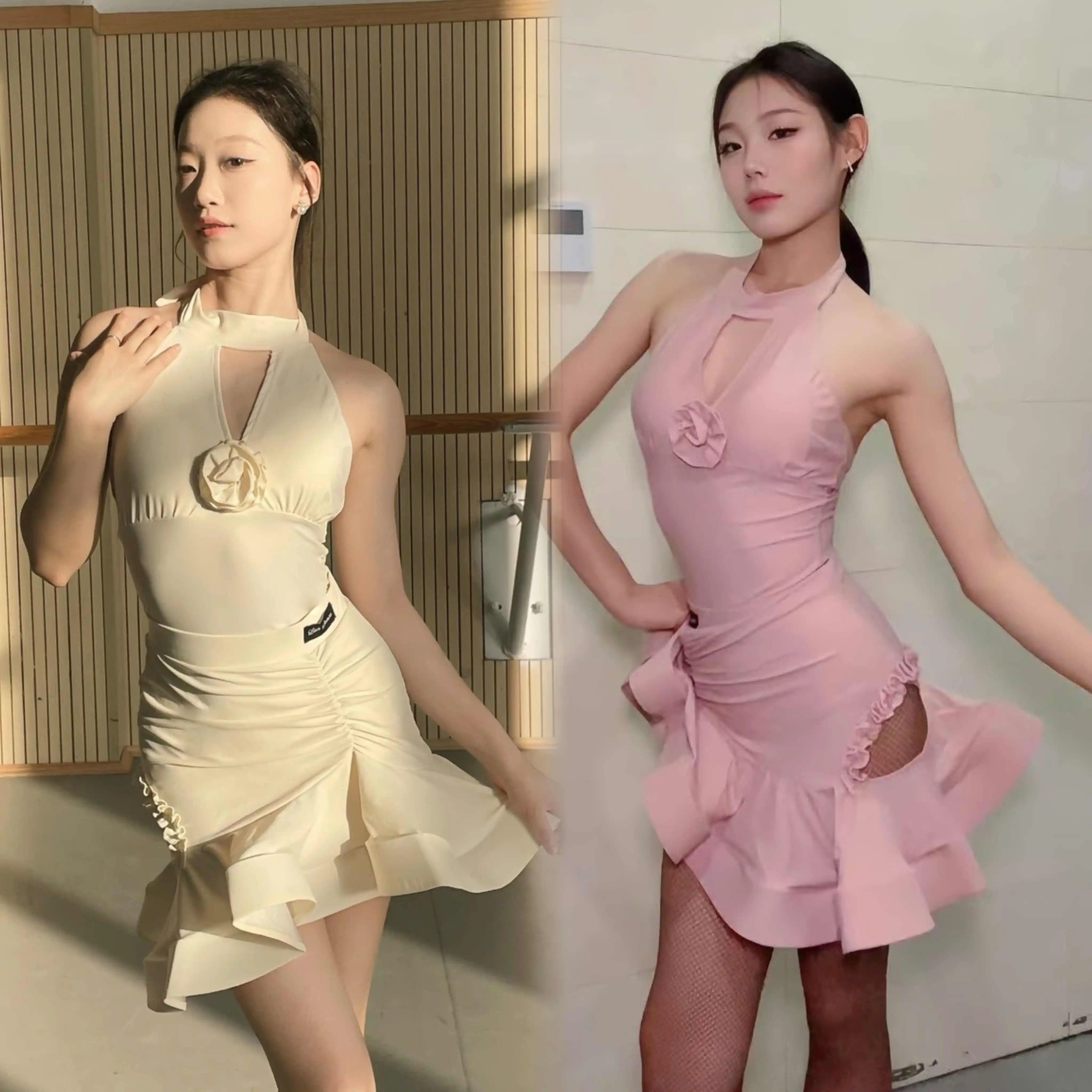 

Adult Latin Dance Dress Women Yellow Pink Flower Sleeveless Top Fishbone Skirt Performance Suit Latin Practice Clothing DNV23509