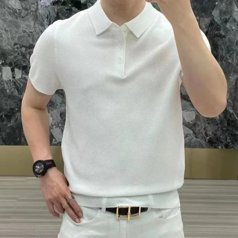 Spring Summer Fashion Elegant Flip Neck Tees Knitted Casual Versatile Western Commuter Clothing Loose Solid Men's Polo Shirts