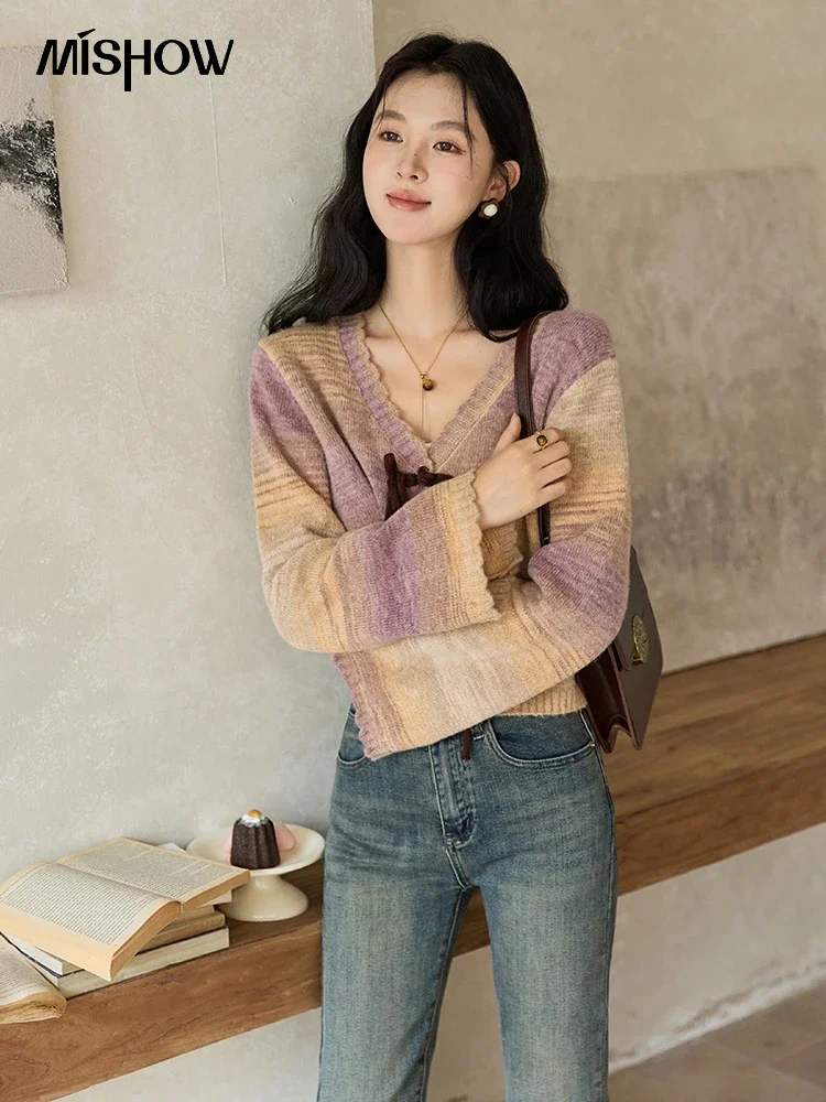 MISHOW Fashion Gradient Color Sweater Women Lace-up Tie-Dye Knit Jacket 2024 Autumn New Korean Sweet Knitwear Tops MXD44Z0798