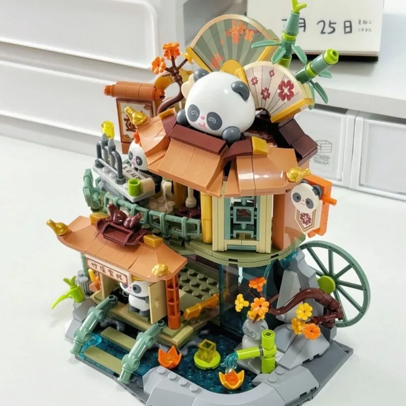 JAKI-bloques de construcción Panda Bamboo Creek Inn Street View, montaje de partículas pequeñas, juguete para niño y niña, modelo ornamental, regalo de Festival