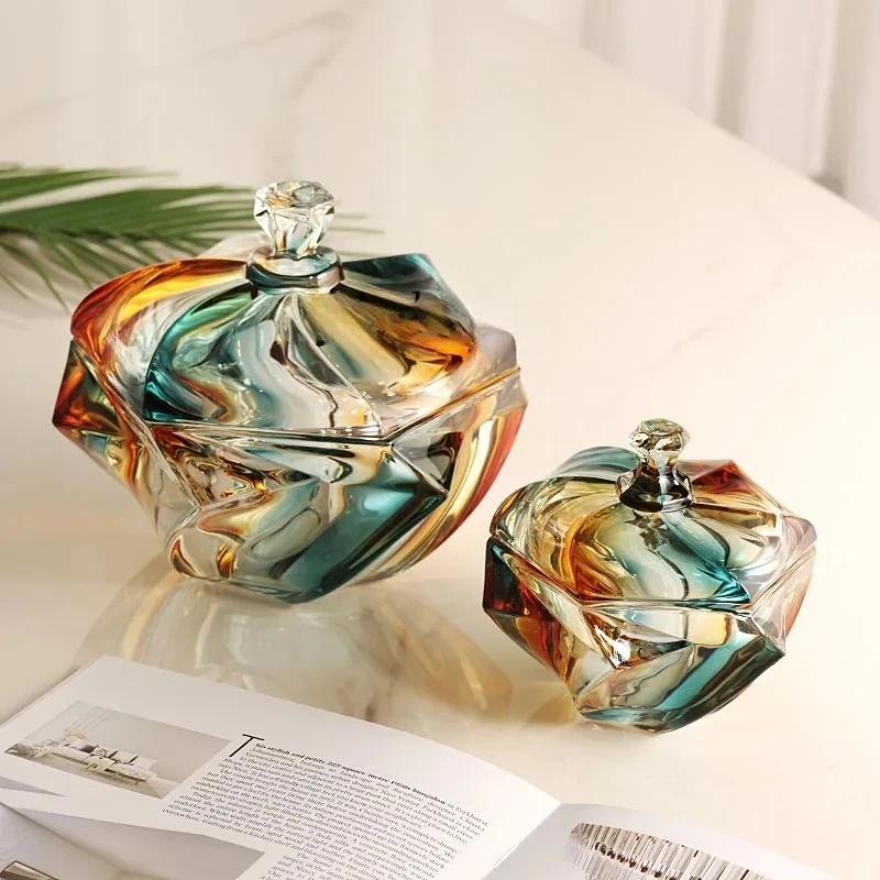 

TQH Creative Crystal Glass Sugar Jar Shaped Dry Candy Jar with Lid Light Luxury Jade Gold Delicate Sugar Box Thickened Storage