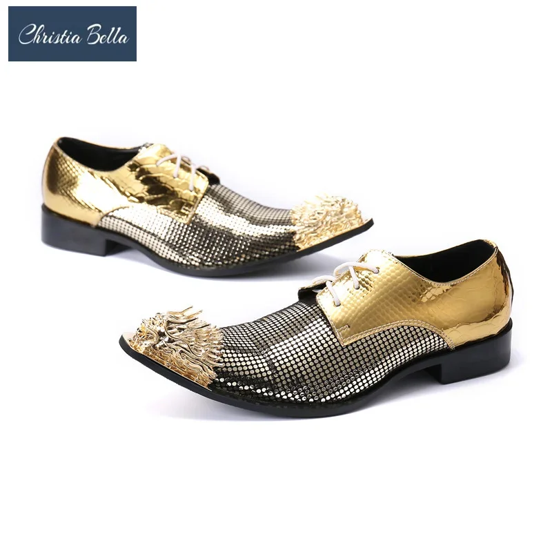 Fashion Gold Metal Pointed Toe Real Leather Men Brogue Shoes Party Celebration Lace Up Dress Shoes Business Office Oxfords Shoes