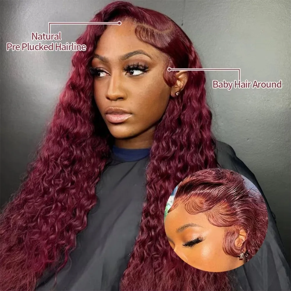 

18 42 46 Inches 99J Burgundy 13x4 Hd Transparent Lace Front Wigs Deep Wave 200% Density Brazilian Pre Plucked 13x6 Lace Frontal Wig Colored Curly Human Hair