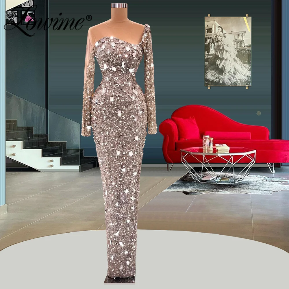 Lowime Arabic Crystals Evening Gown For Women Dubai Celebrity Dresses Long Sleeves Robes Formal Beading Sequins Party Dress