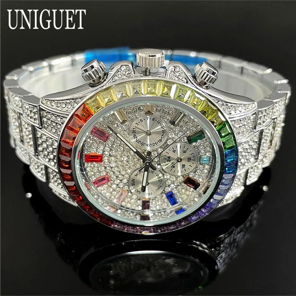 Hot UNIGUET Fashion Ice Watch For Men Hip Hop Rainbow Diamond Luxury Stainless Steel Jewelry Quartz Wristwatch Man Gift Reloj