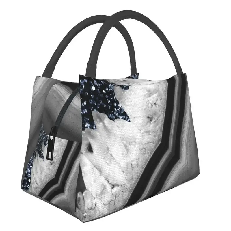 

Gray Black White Agate With Navy Blue Glitter Insulated Lunch Bag for Women Portable Faux Glitter Cooler Thermal Bento Box