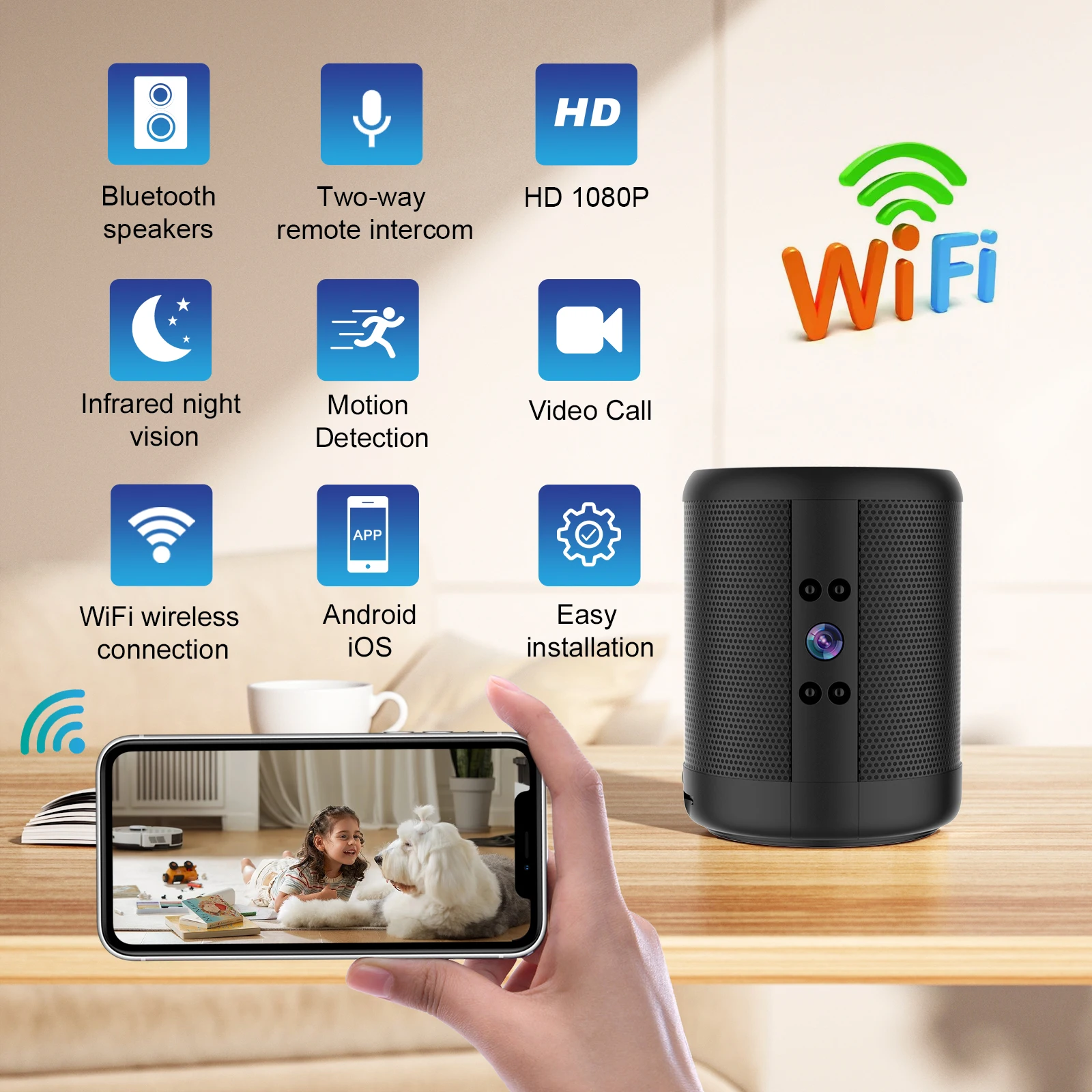 Wifi Camera 1080p HD Wireless Smart Home Wide-angle HD Night Vision Motion Detect Remote Monito Audio Video Recorder