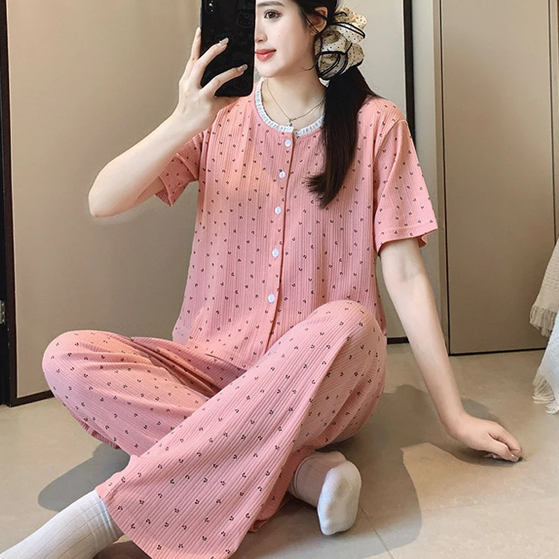 Cotton Fabric Striped Pink Pajamas for Women Two-Piece Set for Summer Short-Sleeved Shirt and Long Pants Simple Sweet Sleepwear