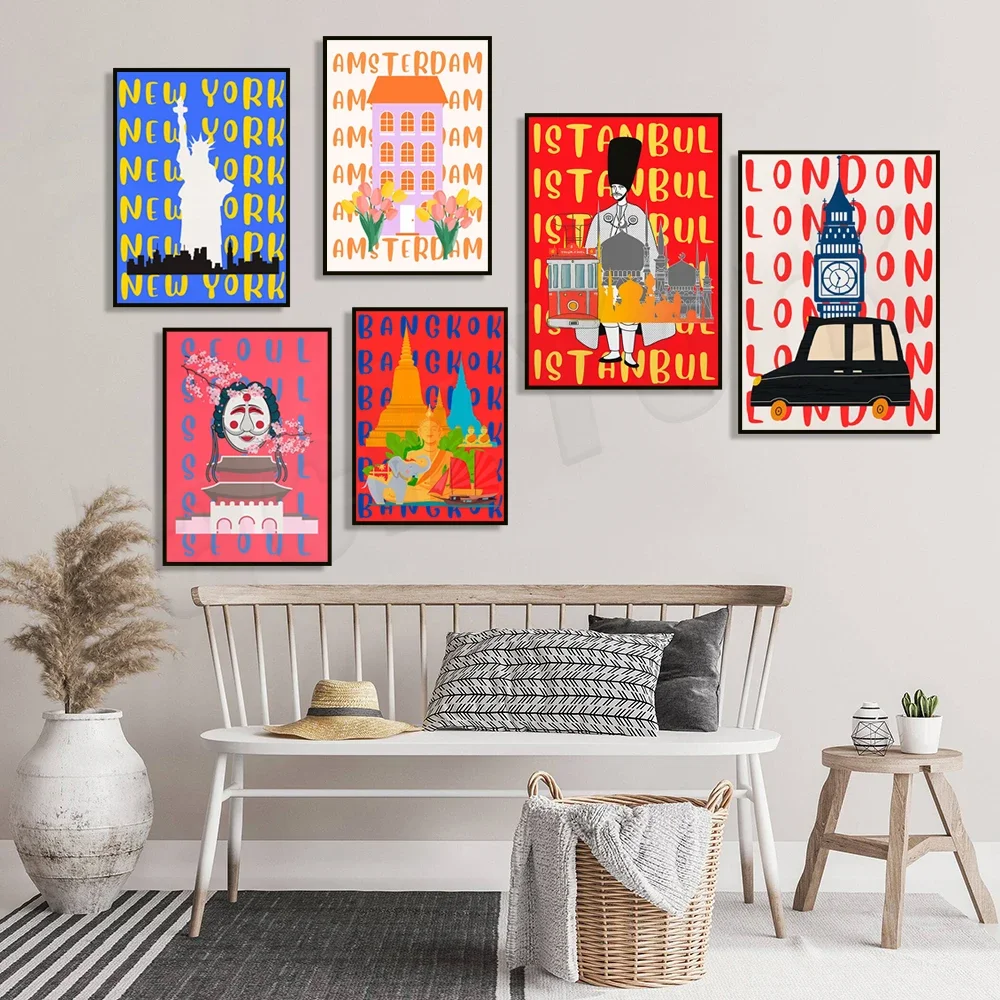 Travel posters in Seoul, South Korea, New York, USA, Amsterdam, London, England, Istanbul, Turkey, Bangkok, Thailand