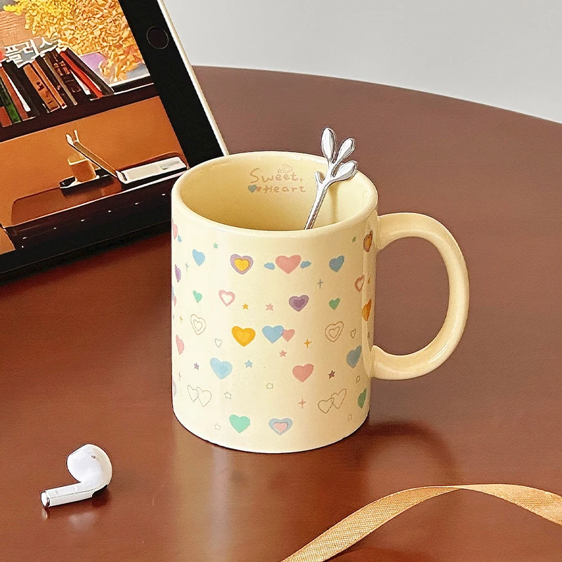 Colorful Heart Print Ceramic Mug 2026 New 300ml Cute High Aesthetic Handle Coffee Cups Gift Box Style Couple Mug for Daily Use