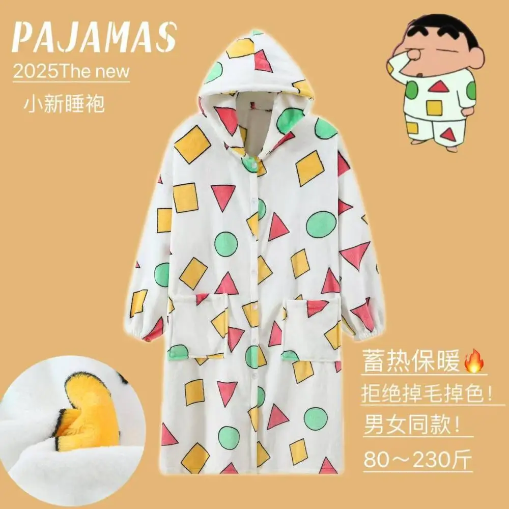 Hot Crayon Shin-Chan Pajamas Women's Hooded Long Coral Fleece Robe Men's and Women's Thick Warm Cartoon Couple Loungewear Winter