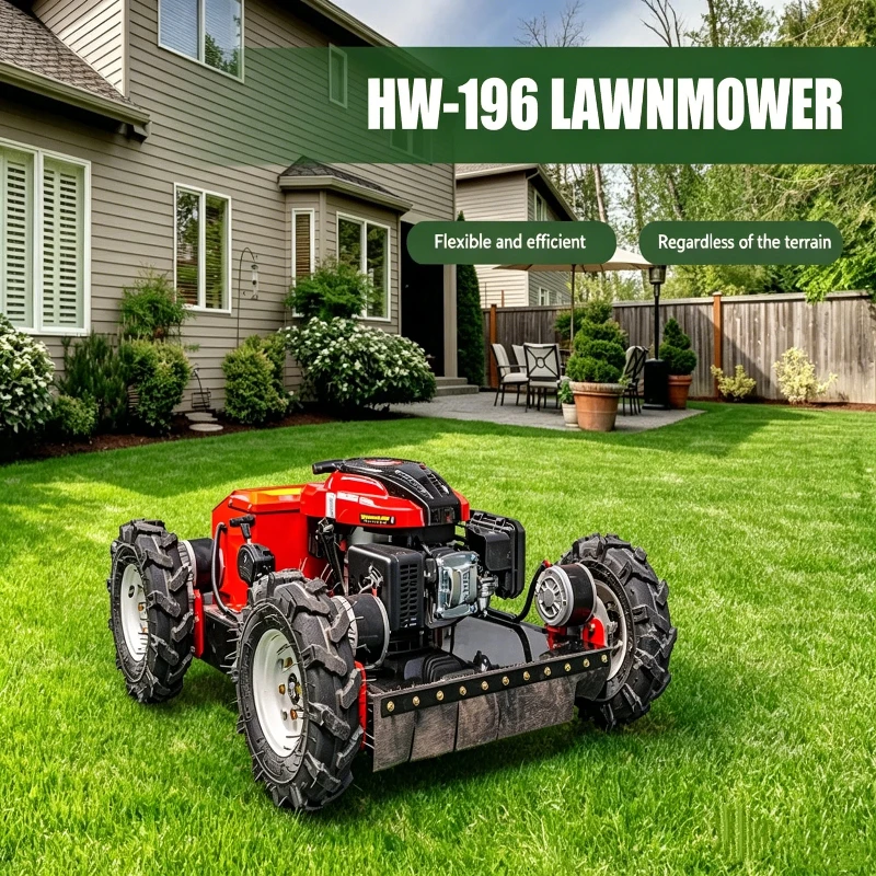 Gas Remote Control 4 Wheel Lawn Mower HW-196 Wheeled RC Grass Trimmer For Yard Vineyard & Steep Terrain