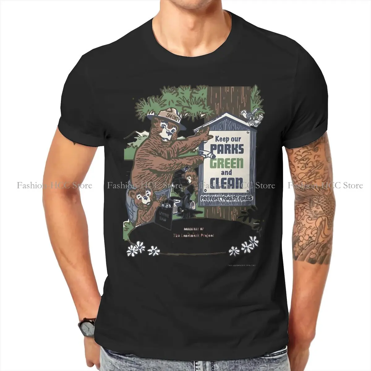 Smokey The Bear N Mountains Tshirt Vintage Graphic Men's Streetwear Tops Large Cotton O-Neck T Shirt