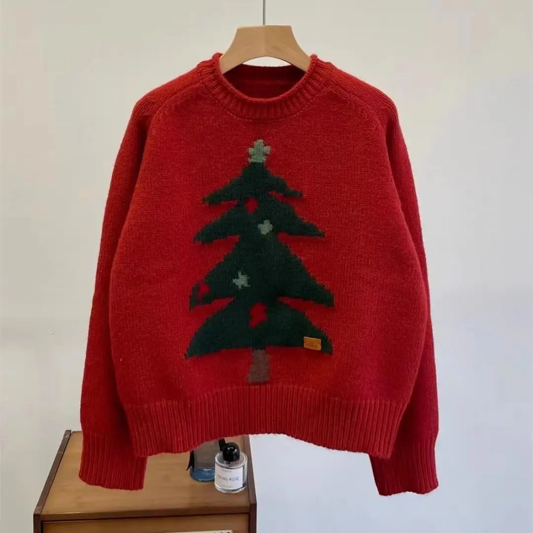 

Korean Version of Autumn Winter Christmas Tree Sweet Sweater Knitted Sweater Round Neck Pullover Jacquard Loose Long-sleeved Top