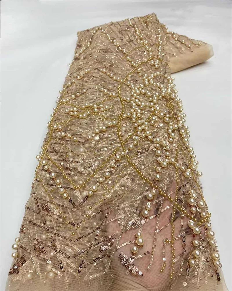 High Quality Beaded Sequin Lace Fabric Gold Embroidered Nigerian Lace for Sewing Women's Evening Dresses