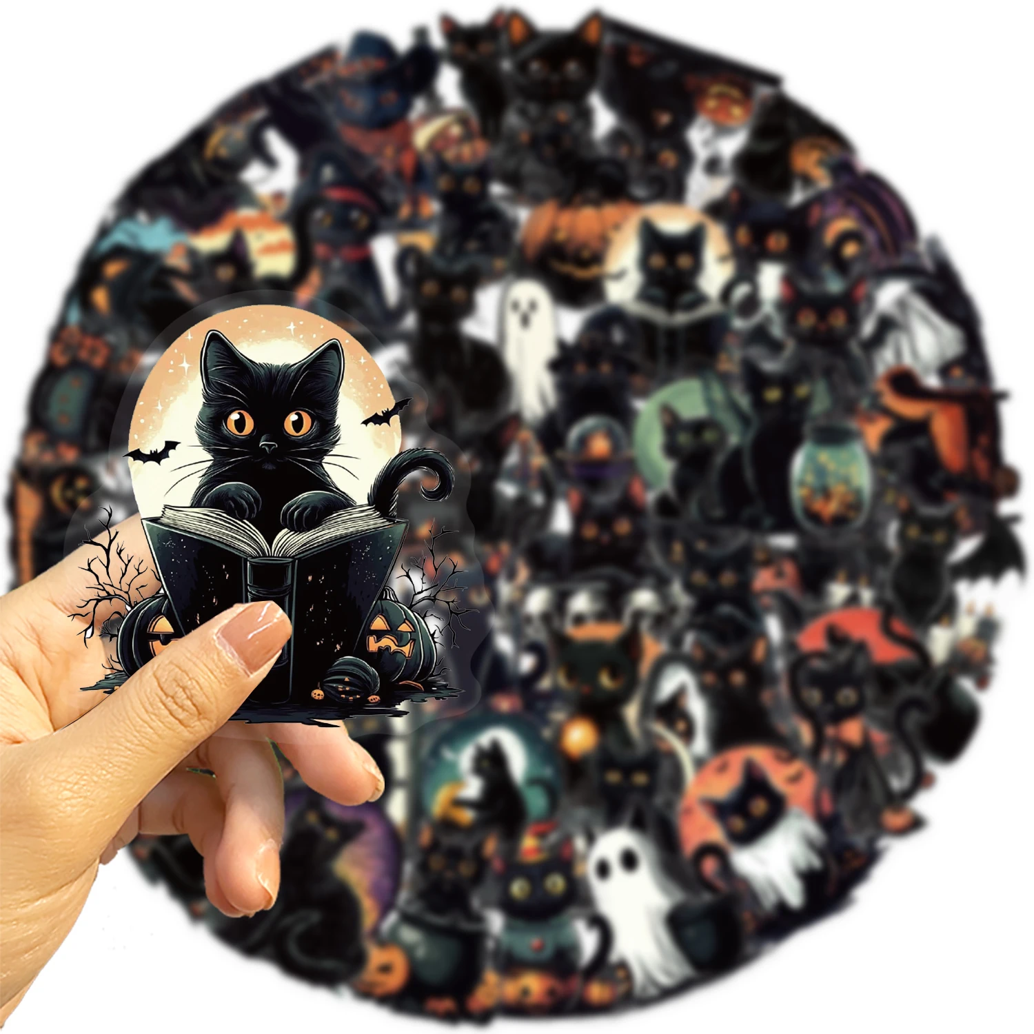 Confezione da 50 adesivi per gatti neri di Halloween, decalcomanie per notebook, cancelleria, album, diario telefonico, graffiti, adesivi in PET