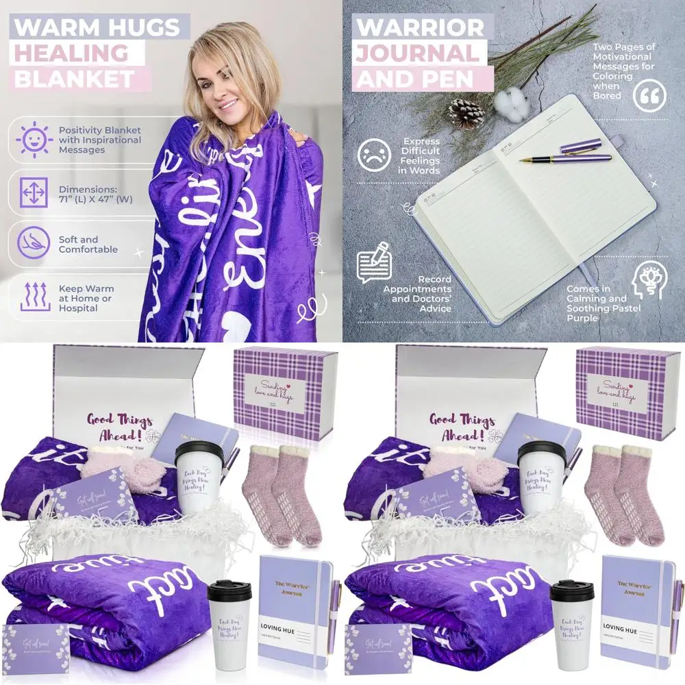 

Cancer Support Gift Set for Women: Purple Blanket, Socks, Journal, and Tumbler
