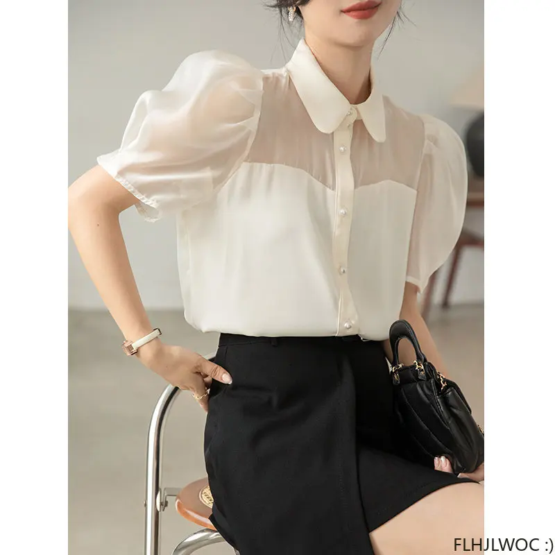 Korea Chic Puff Sleeve Sheer Mesh Tops Blusas Japan Style Elegant 2023 Summer Cute Girls Button Shirts Flhjlwoc Women Blouses