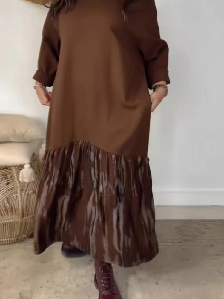 

New Spring Vintage Solid Color Loose Maxi Dress Casual Patchwork Party Dresses Women's O-neck Long Sleeved Pocket Office Dress