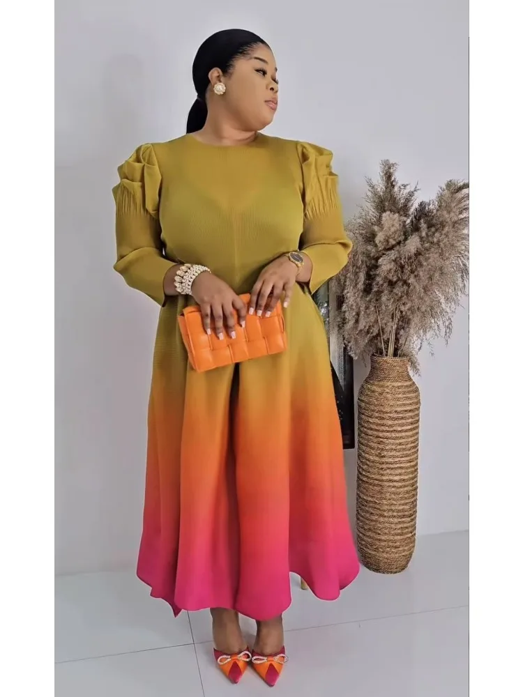 Miyake Pleated Women's Clothing 2025 New Gradual Change Splicing Round Neck Bubble Sleeves Temperament Loose Women's Dresses