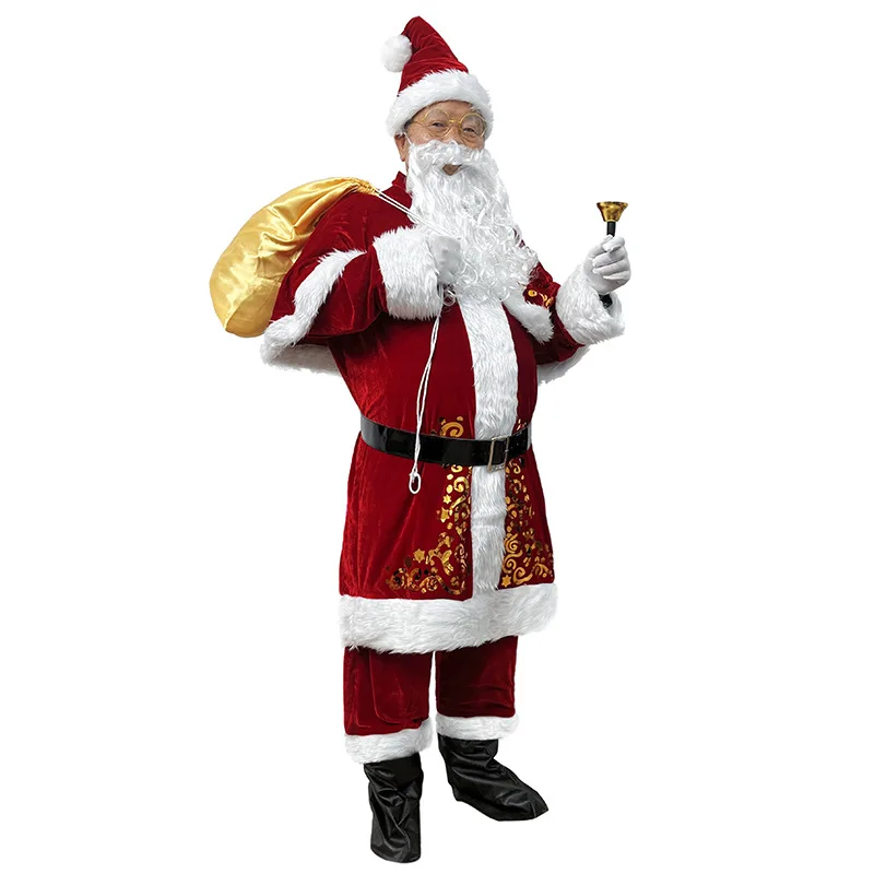 Santa Claus Costume Adult Men Christmas Outfit Beard Hat Set Stage Carnival Suit Xmas Party Wear Festive Holiday Disfraz Navidad