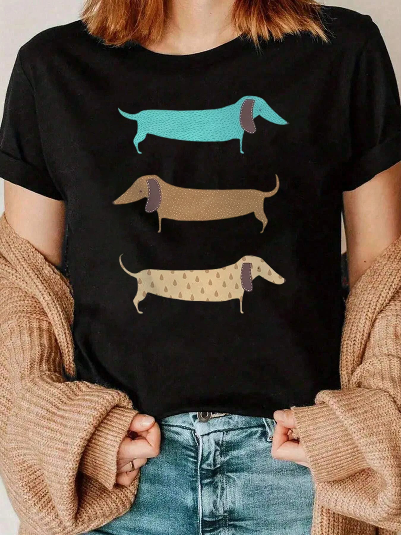

Dachshund Dog Print T Shirt Casual Wear For Women 220g
