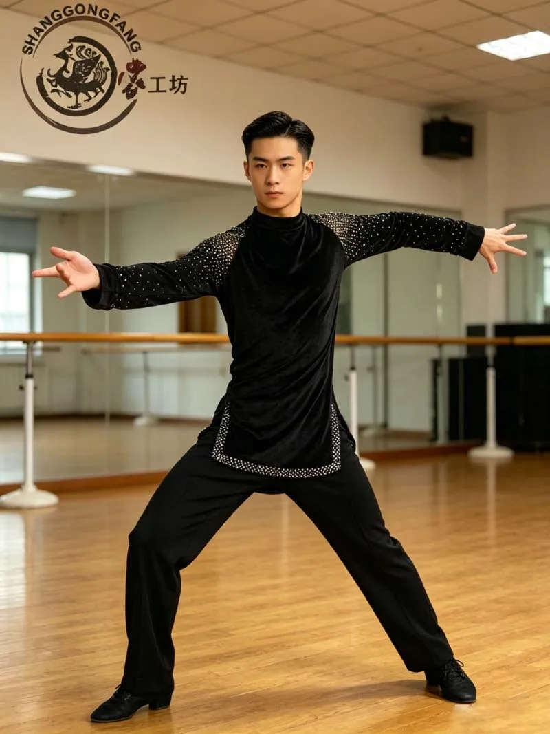 Ropa de baile estándar para hombres, ropa de baile latina negra avanzada para actuar ﻿ Nuevo diseño de disfraz de flamenco de vals