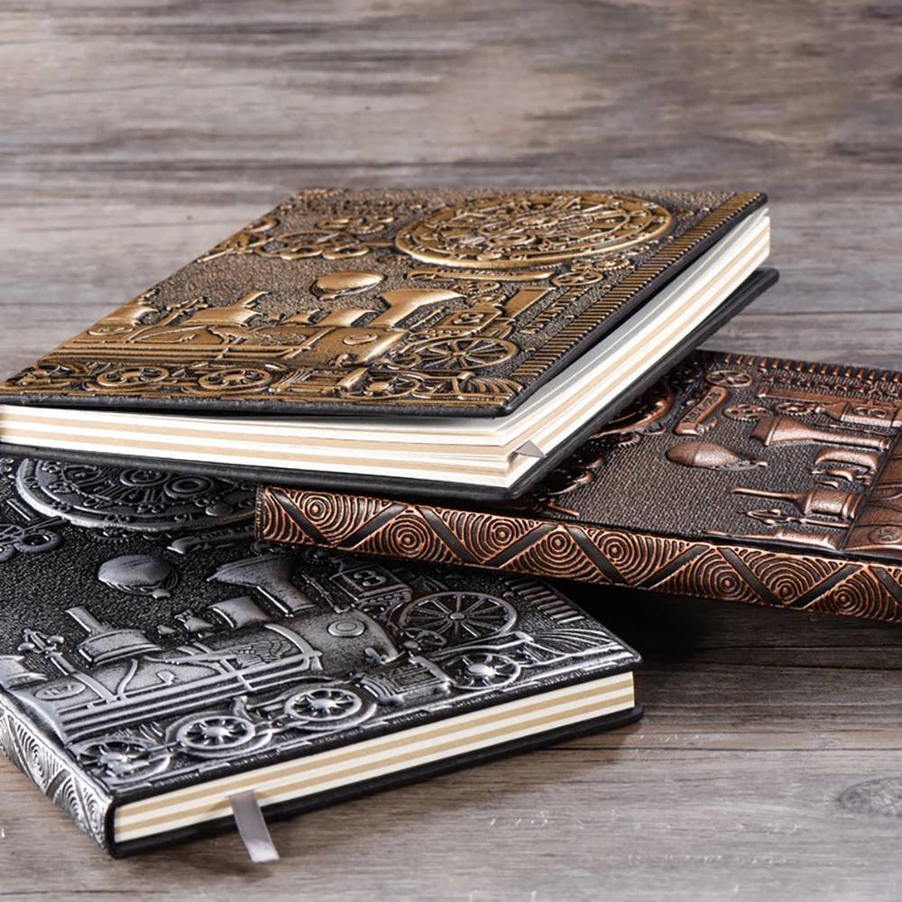 Retro Steam Train Relief A5 Notebook Journal Embossed Writing Notebook Handmade Leather Cover Diary Gift Office Supplies