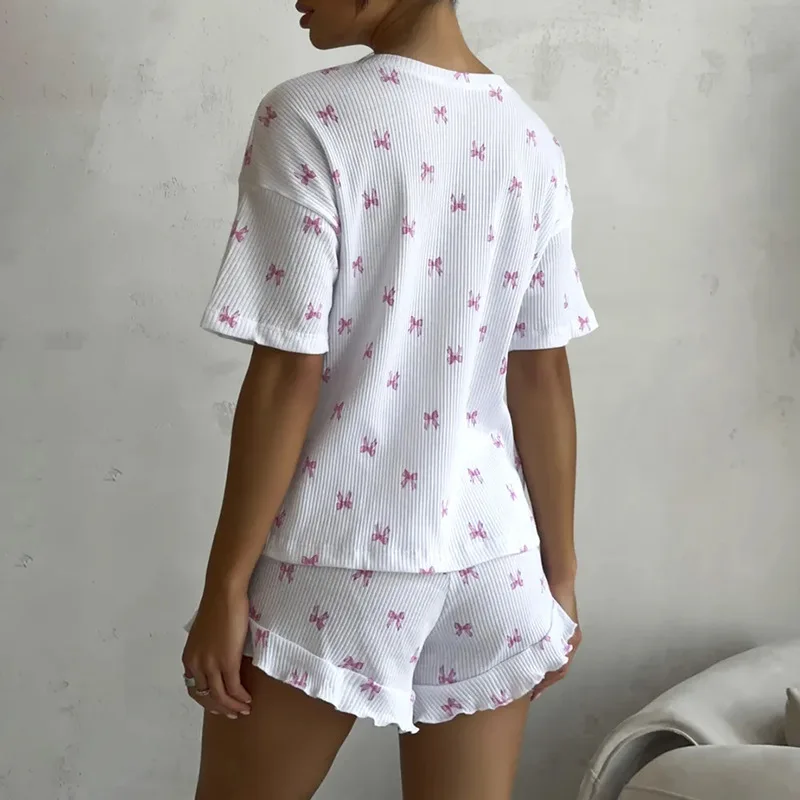 Women's 2 Piece Bow Print Loungewear Set, Ribbed Knit Short Sleeve Top and Ruffle Trim Shorts, Cute Pajama Set