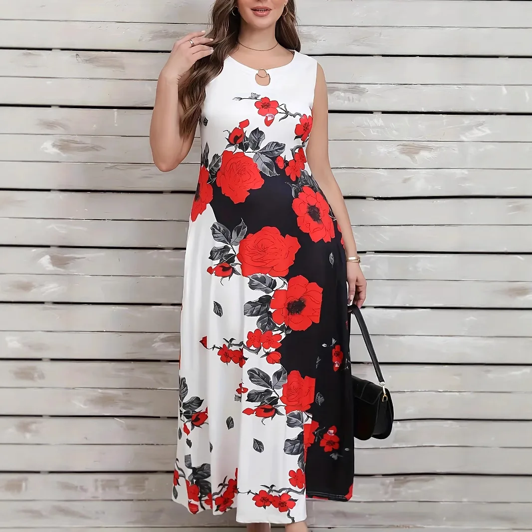 Großes, neues Sommerkleid mit Rosenmuster, ärmellos, langer Rock, Rundhalsausschnitt und ausgehöhlten Designtaschen, locker und figurschmeichelnd. – Detail 2