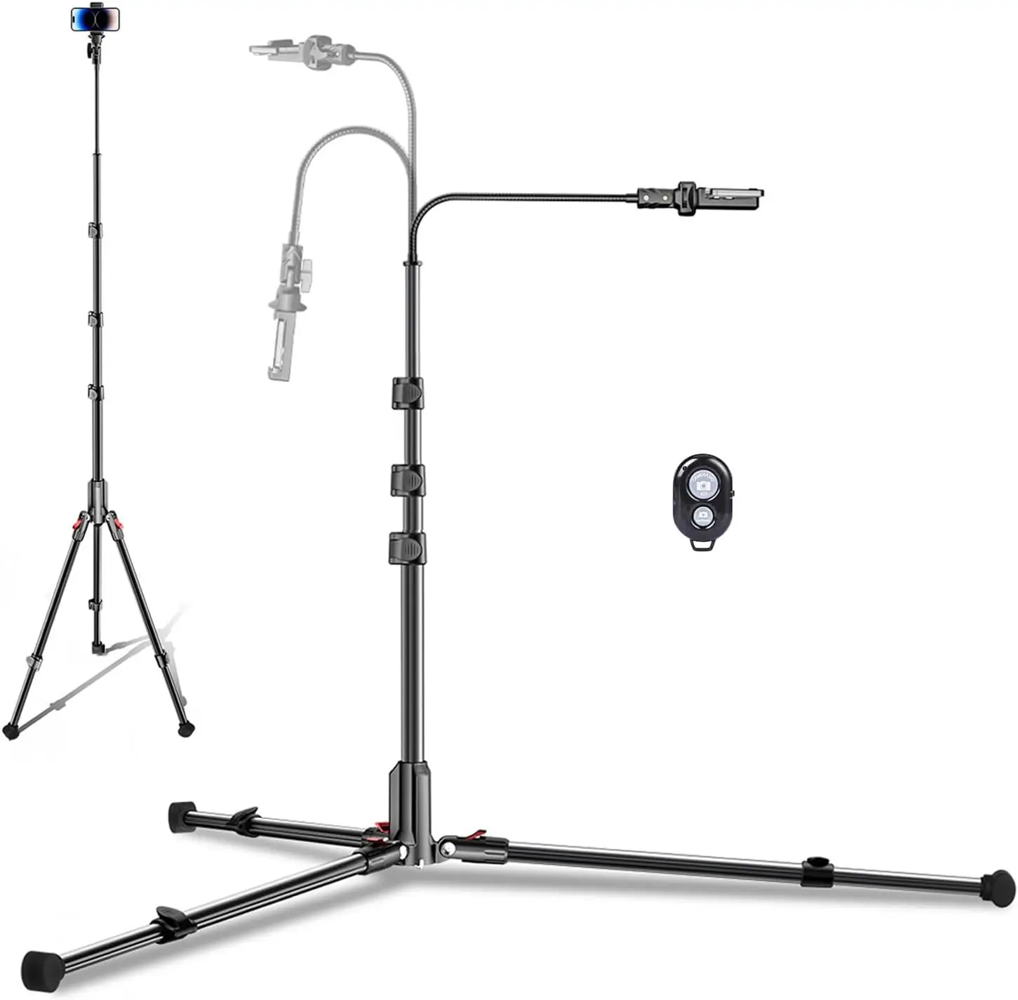 

84" Phone Tripod, Tall Tripod Stand for Selfies with Flexible Gooseneck & Remote, Compatible with iPhone Android, Travel