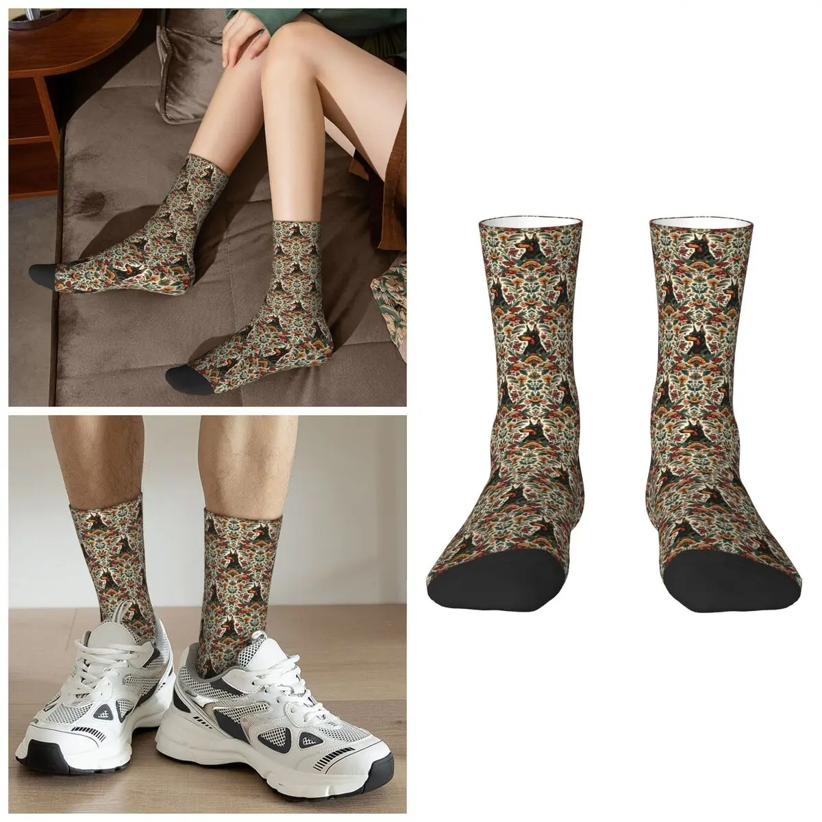 Dobermann In Floral Design Socks Harajuku Sweat Absorbing Stockings All Season Long Socks Accessories for Unisex Christmas Gifts