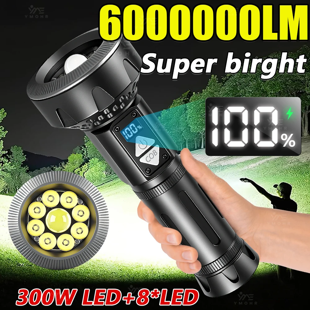 

6000000LM Перезаряжаемый светодиодный фонарик, 13 режимов, белая вспышка, аварийный тактический светильник, портативный магнитный светильник для кемпинга и пешего туризма