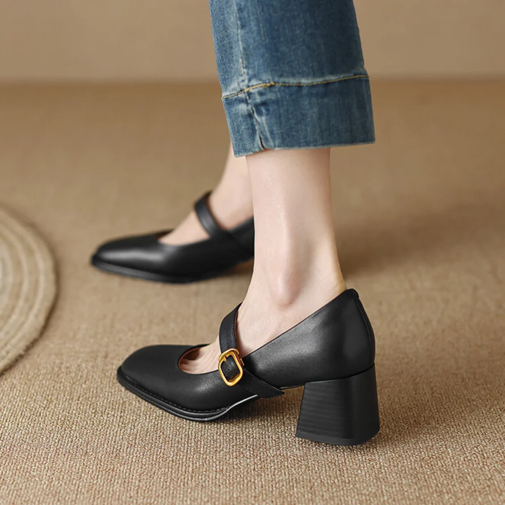 2024 New Cow Leather Women Dress Shoes Chunky Heel Retro Mary Janes Shoes Shallow Round Toe Pumps Ankle Strap Ladies Office Shoe